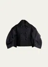 Sacai Puff Nylon-sleeve Cropped Wool Pea Coat In Black