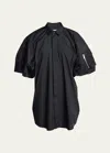 Sacai Puff Nylon Sleeve Wool Shirting Mini Dress In Black