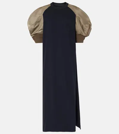 Sacai Puff-sleeve Cotton Jersey Midi Dress In Blue