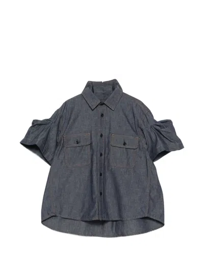 Sacai Puff-sleeved Denim Shirt In Green