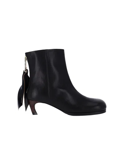 Sacai Leather Ankle Boots Curved Heel Tag In Black