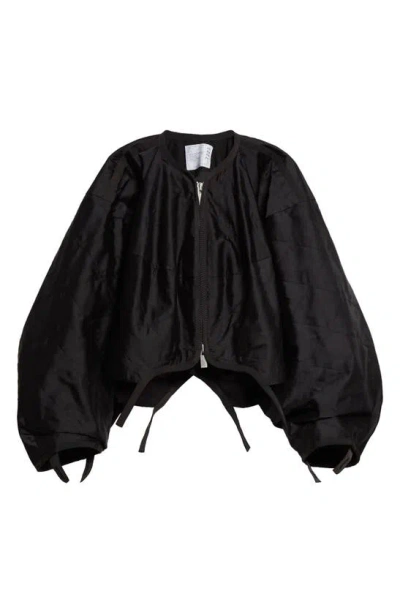 Sacai Quilted Blouson Sleeve Satin Jacket In Black