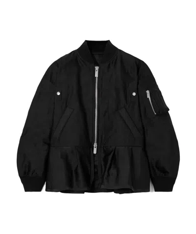 Sacai Grosgrain-trimmed Quilted Satin Peplum Jacket In Black