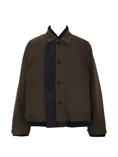 Sacai Quilted-panel Button-up Jacket In Green