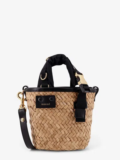 Sacai Raffia And Leather Crossbody Bag In Black