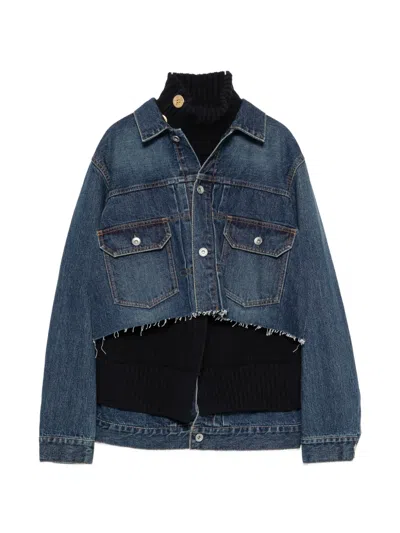 Sacai Raw-cut Knit-panelled Denim Jacket In Blue