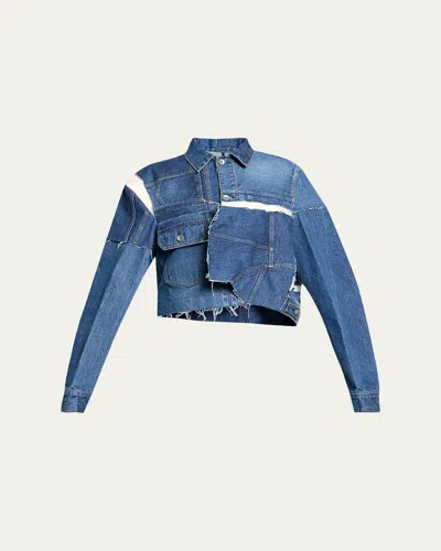 Sacai Reconstructed Crop Denim Jacket In Blue
