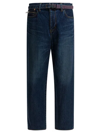 Sacai Belted Straight-leg Jeans In Blue