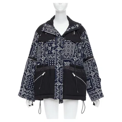 Pre-owned Sacai Reyn Spooner 2018 Navy Black Cotton Printed Padded Coat Jp1 S In Blue