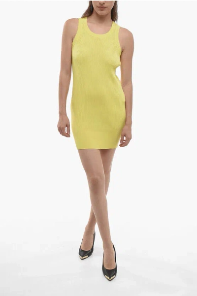 Sacai Ribbed Cotton Blend Dress In Yellow