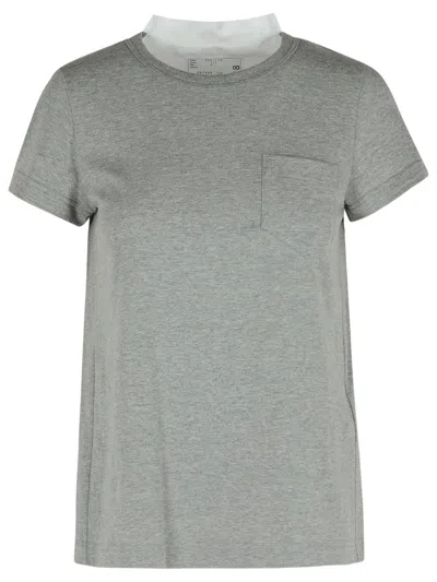 Sacai Ribbed Grey Cotton T-shirt With Pleated Back Insert In Green