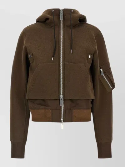 Sacai Ribbed Hooded Bomber Jacket In Brown
