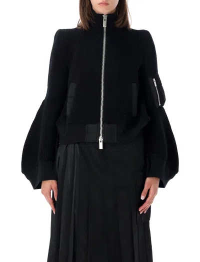 Sacai Ribbed Knit And Twill Blouson Jacket In Nero