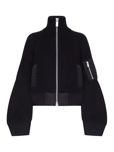 Sacai Ribbed Knit Blouson With Nylon Inserts In Black