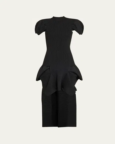 Sacai Ribbed Knit High-low Dress With Train In Black