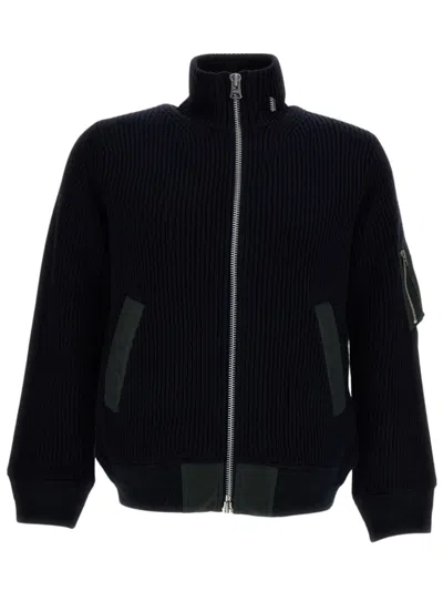 Sacai Turtleneck Wool Cardigan With Zip Closure And Slit Pockets In Black