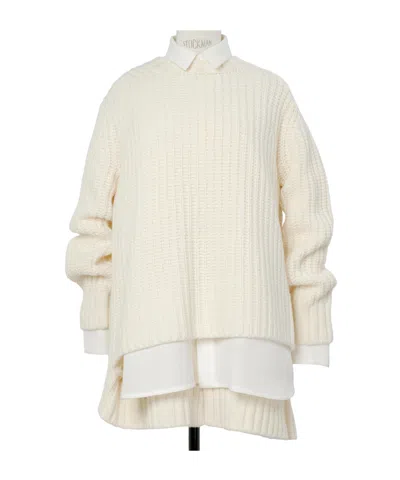 Sacai Ribbed-knit Silk And Cotton-blend Mini Dress In White