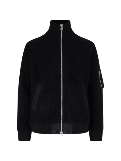 Sacai Ribbed Knit Zip-up Bomber Jacket In Black
