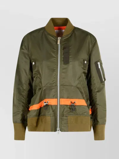Sacai Ribbed Trim Nylon Bomber Jacket In Green