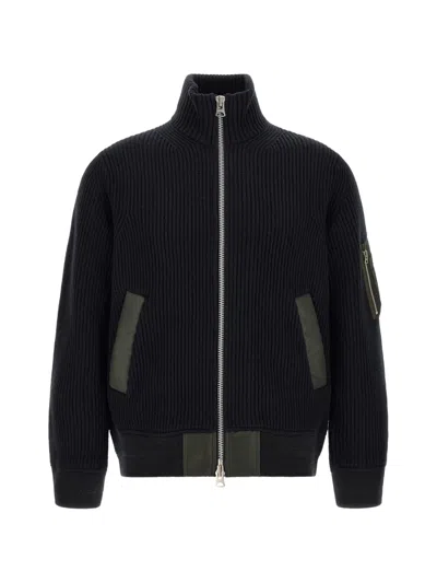 Sacai Ribbed Wool With Nylon Patch Pockets Cardigan In Blue