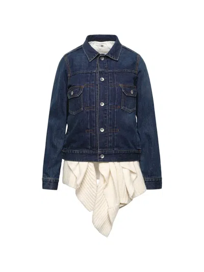 Sacai Ribbed-knit Panel Denim Jacket In Blue