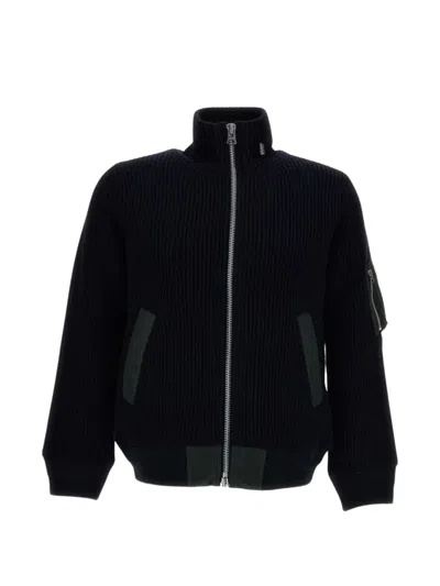 Sacai Ribbed-knit Panelled Cardigan In Black