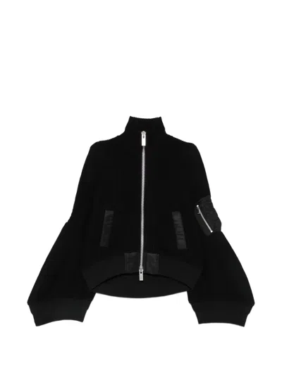Sacai Ribbed-knit Panelled Cardigan In Black
