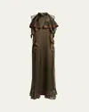 Sacai Ruffle Front Satin Maxi Dress In Khaki