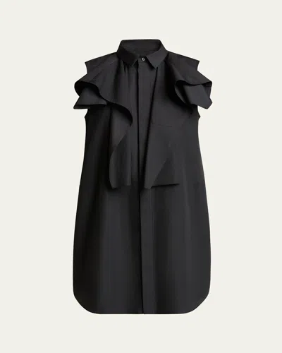 Sacai Poplin Dress With Cap Sleeves And Ruffled Detail In Black