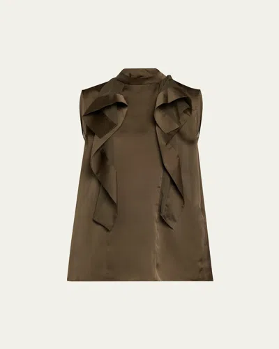 Sacai Ruffle High Neck Satin Chiffon Blouse In Green