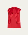 Sacai Ruffle High Neck Satin Chiffon Blouse In Red