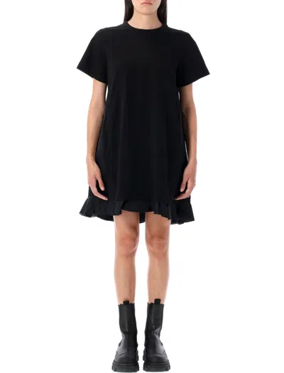 Sacai Ruffled Hem T-shirt Dress With Relaxed Silhouette In Black