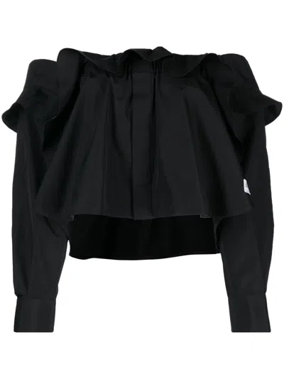 Sacai Ruffled Off-shoulder Cotton Blouse In Black