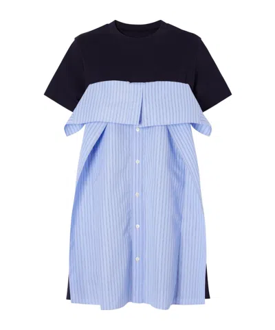Sacai Paneled Ruffled Cotton-jersey And Poplin Mini Dress In Blue