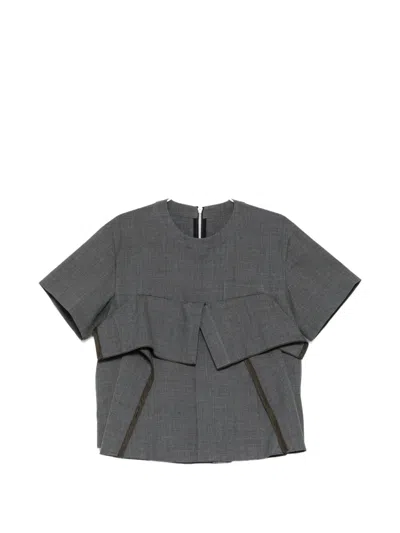 Sacai Ruffled Short-sleeve Top In Gray