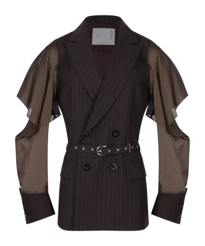 Sacai Ruffled Sleeve Pinstripe Belted Blazer In Brown