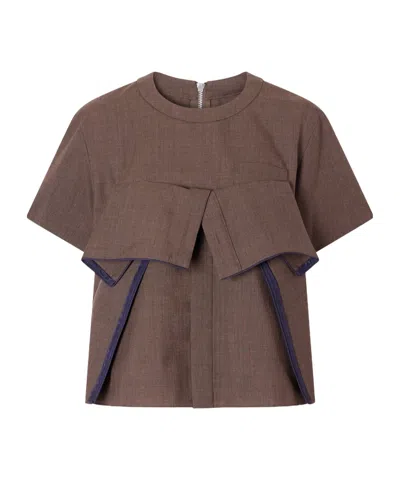 Sacai Ruffled Wool Blouse In Brown