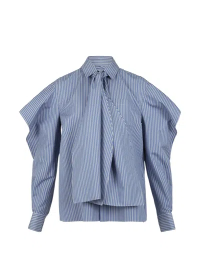 Sacai Ruffled-sleeve Pussy-bow Shirt In Blue
