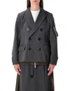 Sacai Wool And Twill Double-breasted Blazer In Black