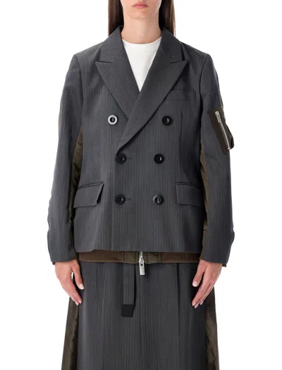 Sacai Wool And Twill Double-breasted Blazer In Gray
