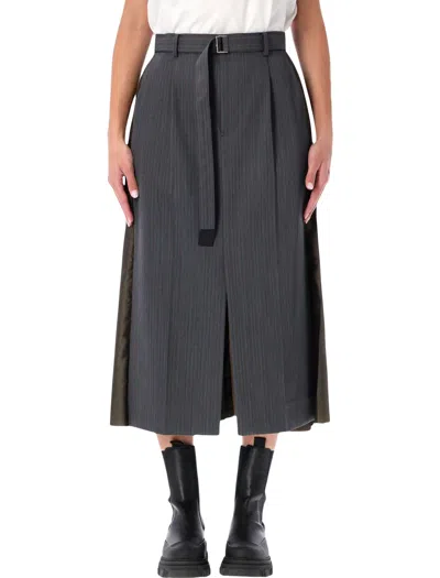 Sacai Wool And Twill Midi Skirt In Gray