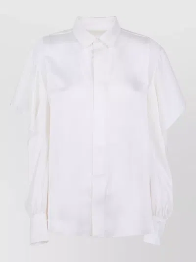 Sacai Satin Chiffon Shirt Collared Neck Ruffled Sleeves In White