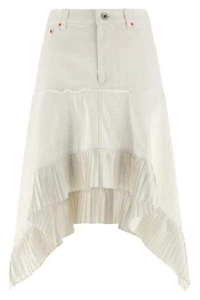 Sacai A-line Pleated Denim Skirt In White