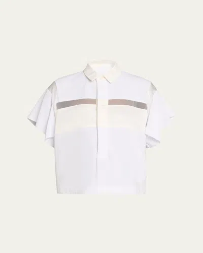 Sacai Satin-inset Short-sleeve Button-down Shirt In White