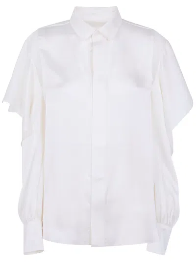 Sacai Satin Chiffon Shirt Collared Neck Ruffled Sleeves In White