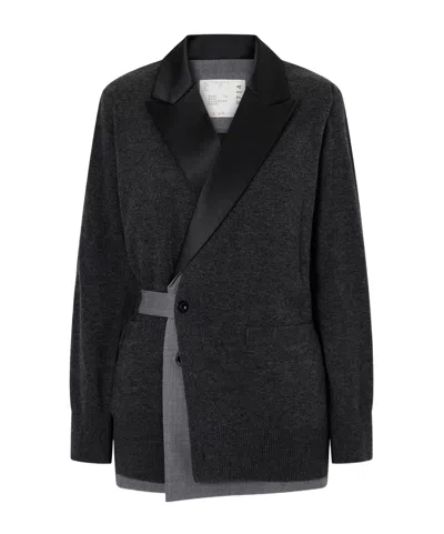 Sacai Satin-trimmed Wool Cardigan In Black