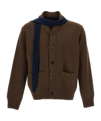 Sacai Pure Wool Cardigan With Scarf Neck And Patch Pockets In Brown
