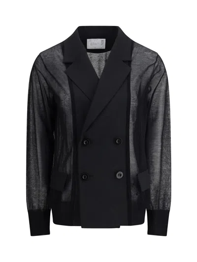 Sacai Womens Black Double-breasted Sheer-knit Cotton-blend Blazer