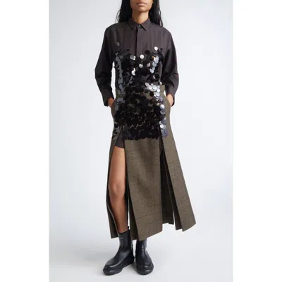 Sacai Sequin Embroidered Plaid Long Sleeve Double Face Melton Wool Shirtdress In Gray