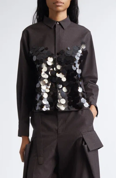 Sacai Sequin Embroidered Wool Suiting Button-up Shirt In Black
